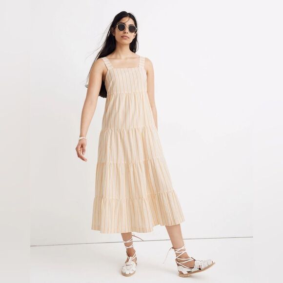 Madewell Striped Button Back Tiered Midi Dress - Picture 2 of 13